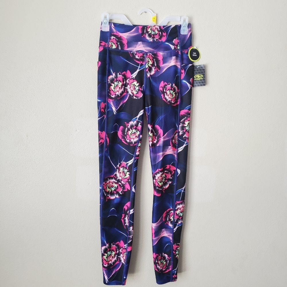 Athletic Works NWT XS Blue Floral High Waisted Full Length Athletic Leggings